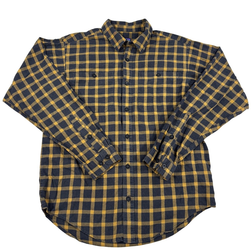 Patagonia Organic Cotton Flannel Shirt Yellow Black Plaid Men's Small Preppy